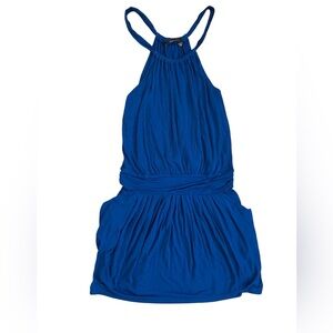 BCBGMaxAzria Royal Blue Halter Mini Dress – Ruched Waist, Draped Front, Pockets
